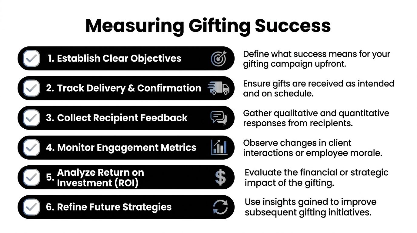 A six-step infographic on how to measure corporate gifting success with clear professional guidance.