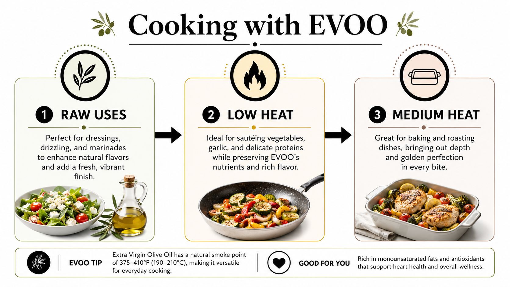 An infographic titled Cooking with EVOO illustrating raw, low heat, and medium heat uses for olive oil.