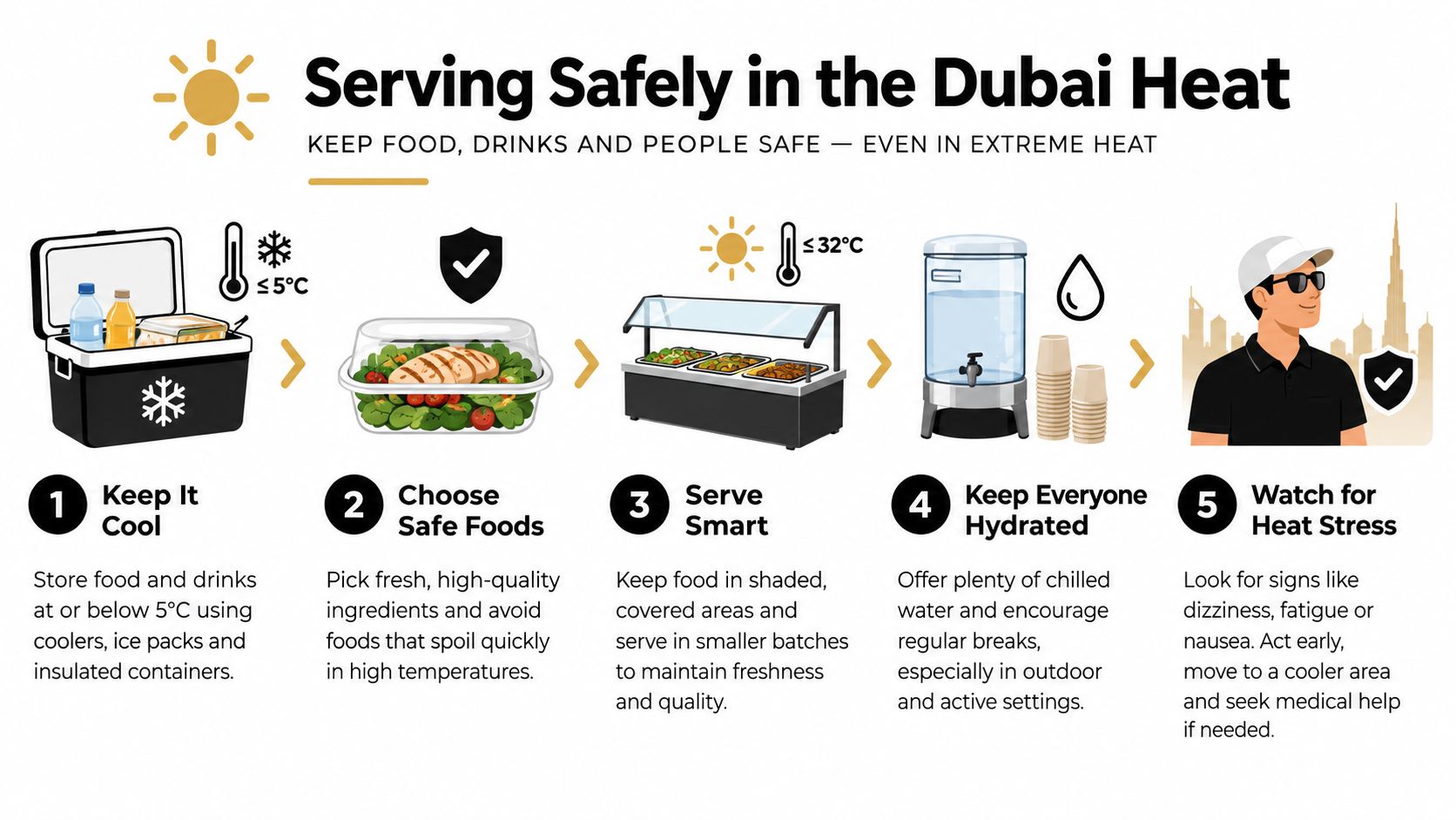 An infographic illustrating five safety tips for food service and hydration during extreme heat in Dubai.