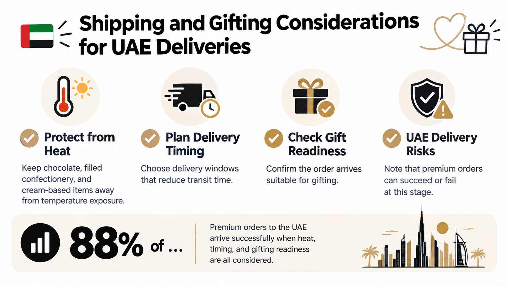 An infographic titled Shipping and Gifting Considerations for UAE Deliveries outlining four key tips for successful delivery.