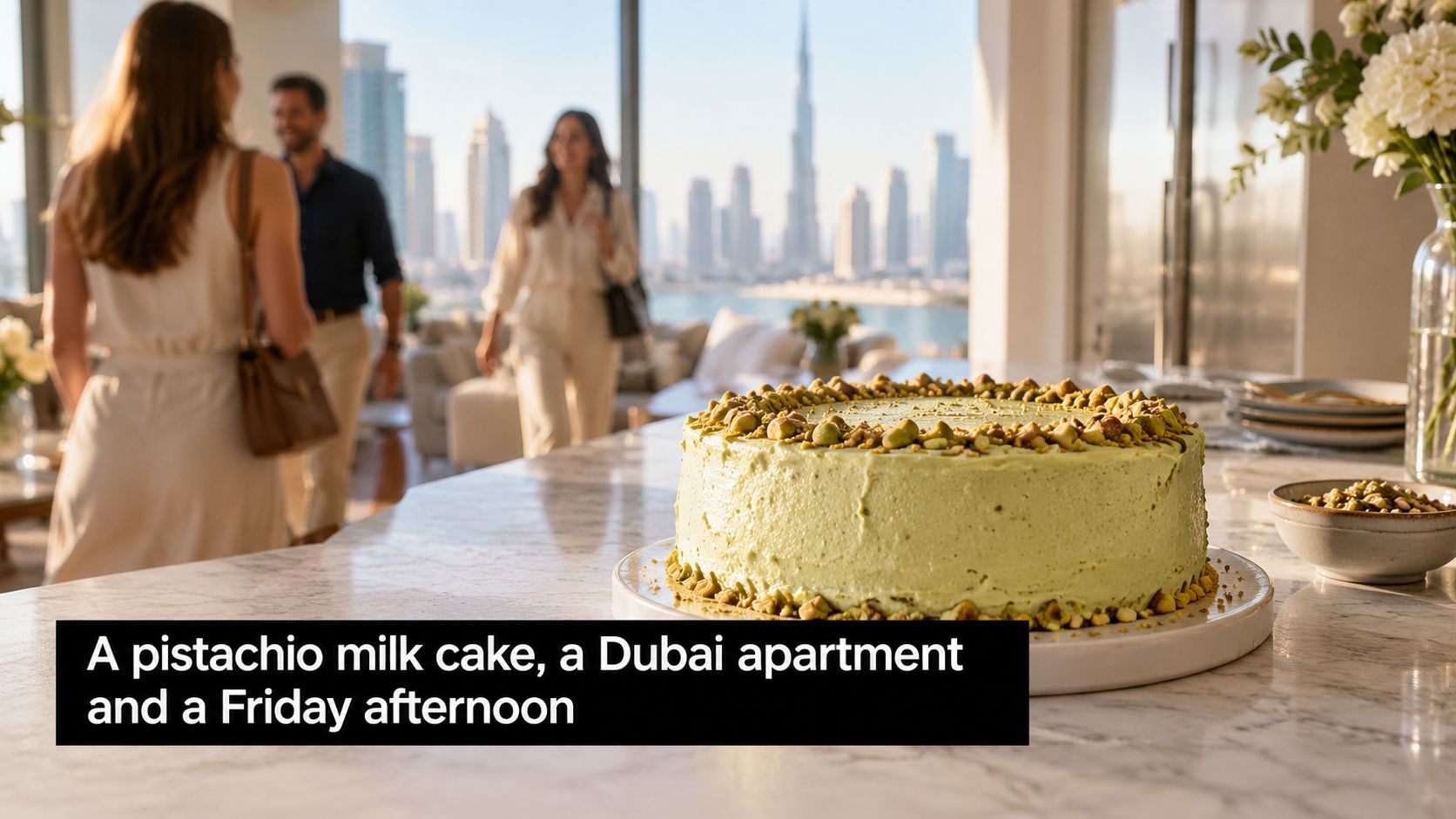 A pistachio milk cake on a marble table in a luxury Dubai apartment during a bright afternoon.