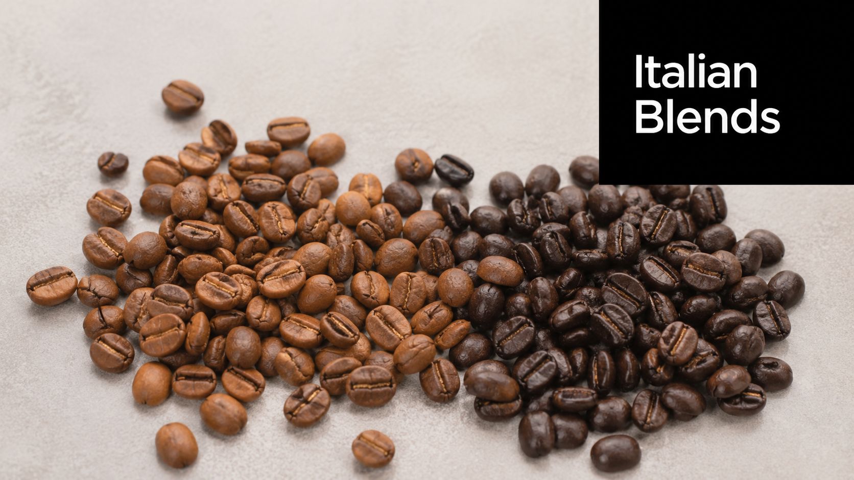 A pile of assorted roasted coffee beans on a light grey textured background, labeled Italian Blends.