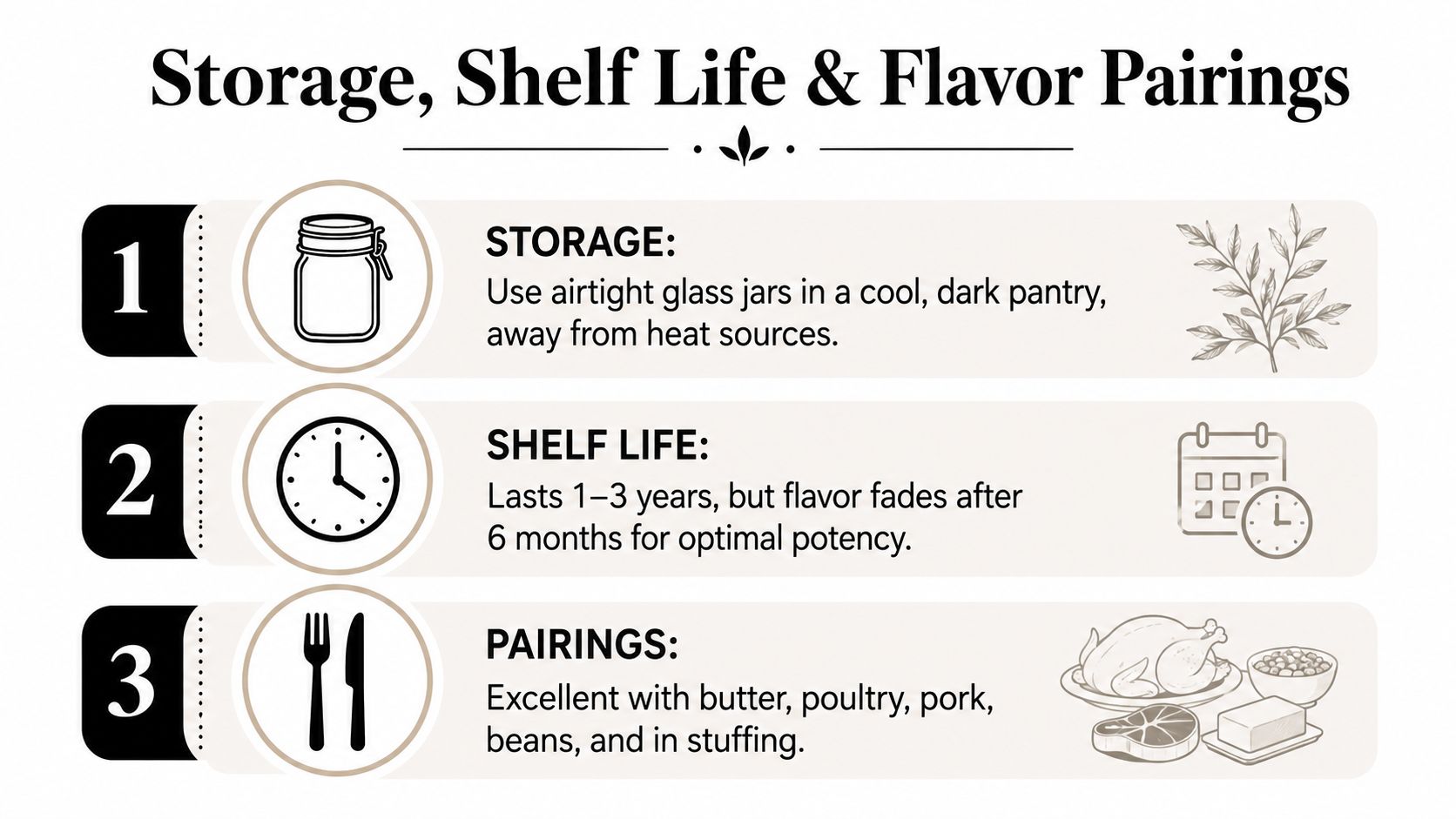 A helpful infographic about the proper storage, shelf life, and food pairings for dried sage leaves.