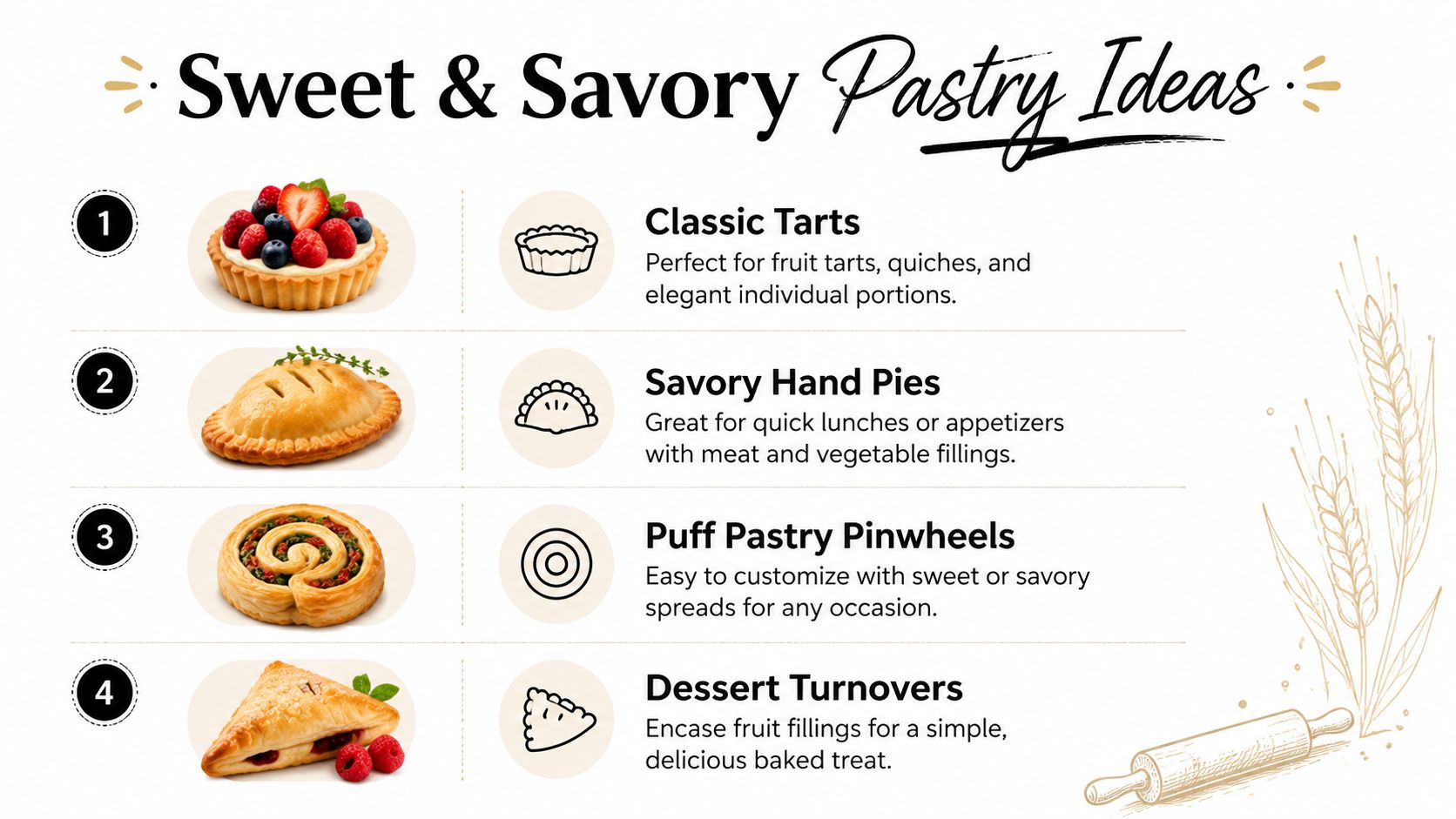 A numbered list showcasing four types of sweet and savory pastries with descriptions and illustrative icons.