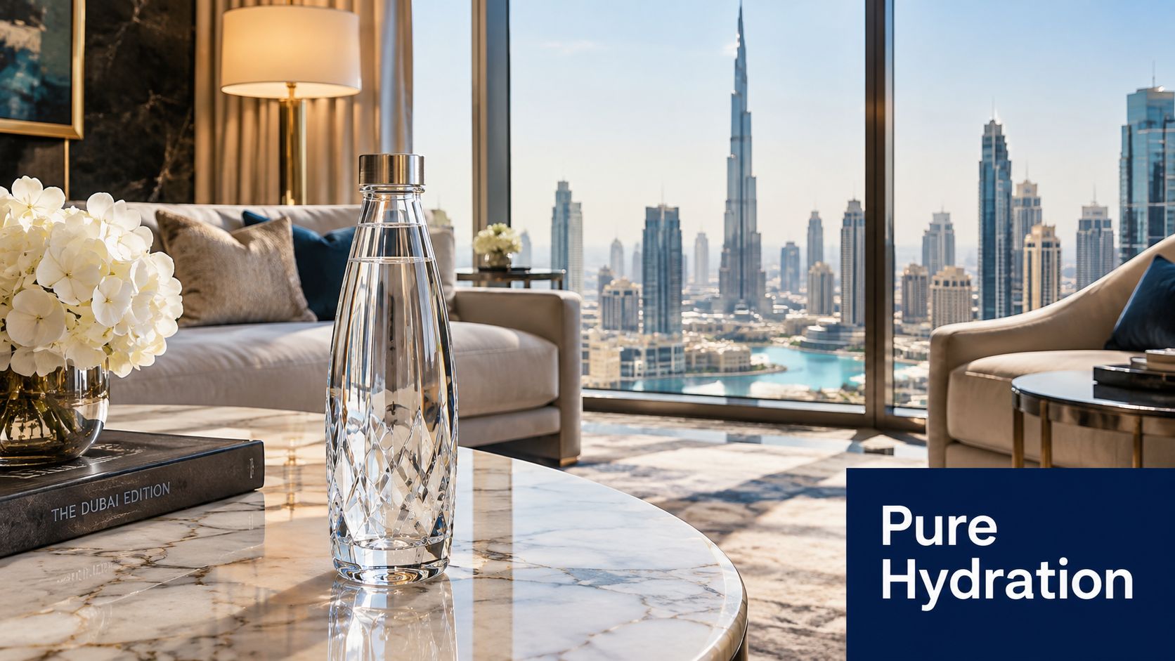 A crystal water bottle sits on a marble table with the Dubai skyline visible through a window.