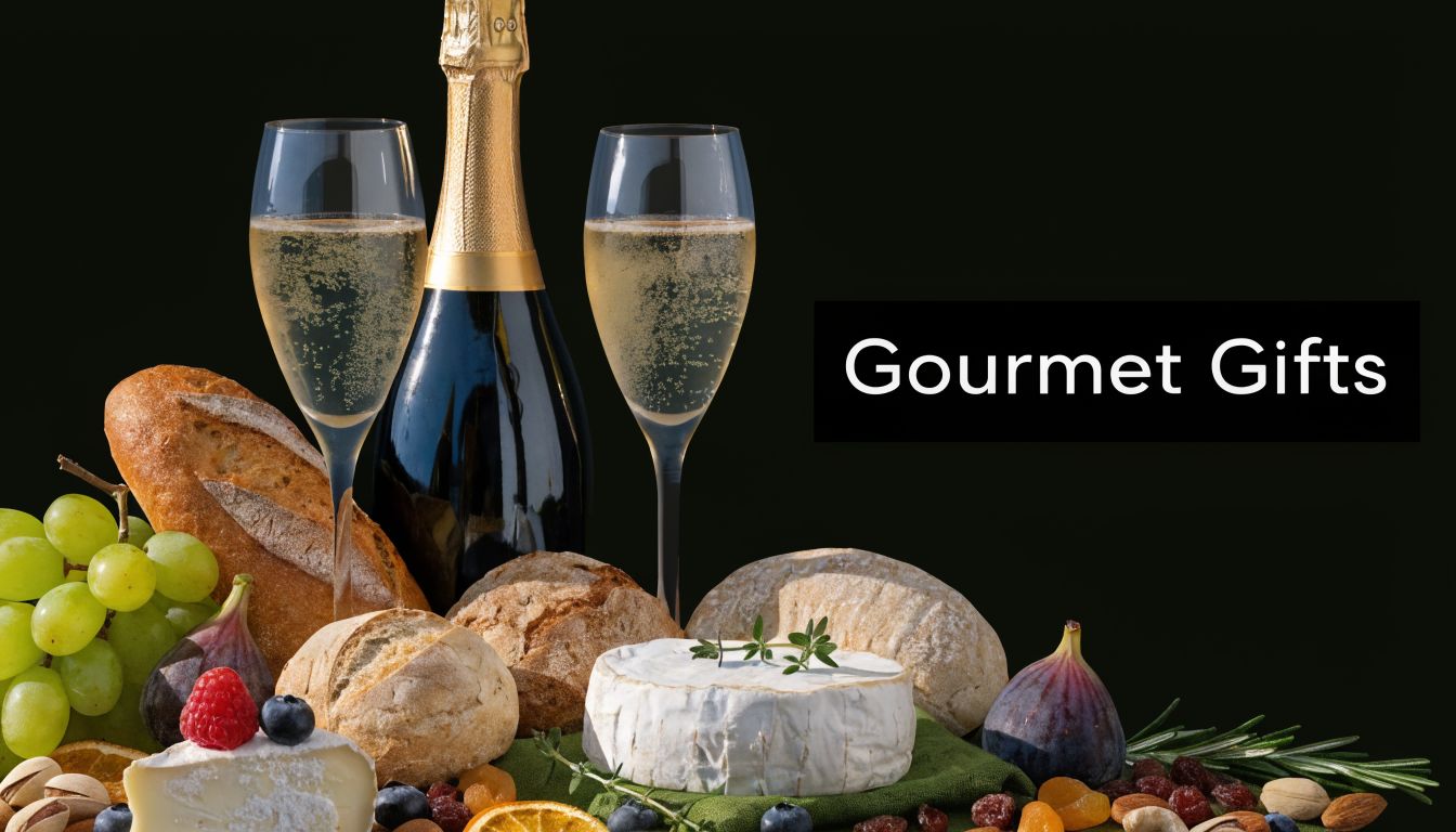 A luxurious spread featuring a champagne bottle, two flutes, artisanal breads, gourmet cheese, and fresh fruits.