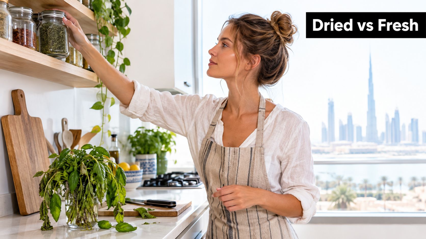 A woman wearing an apron reaching for a jar of dried herbs in a sunlit modern kitchen.