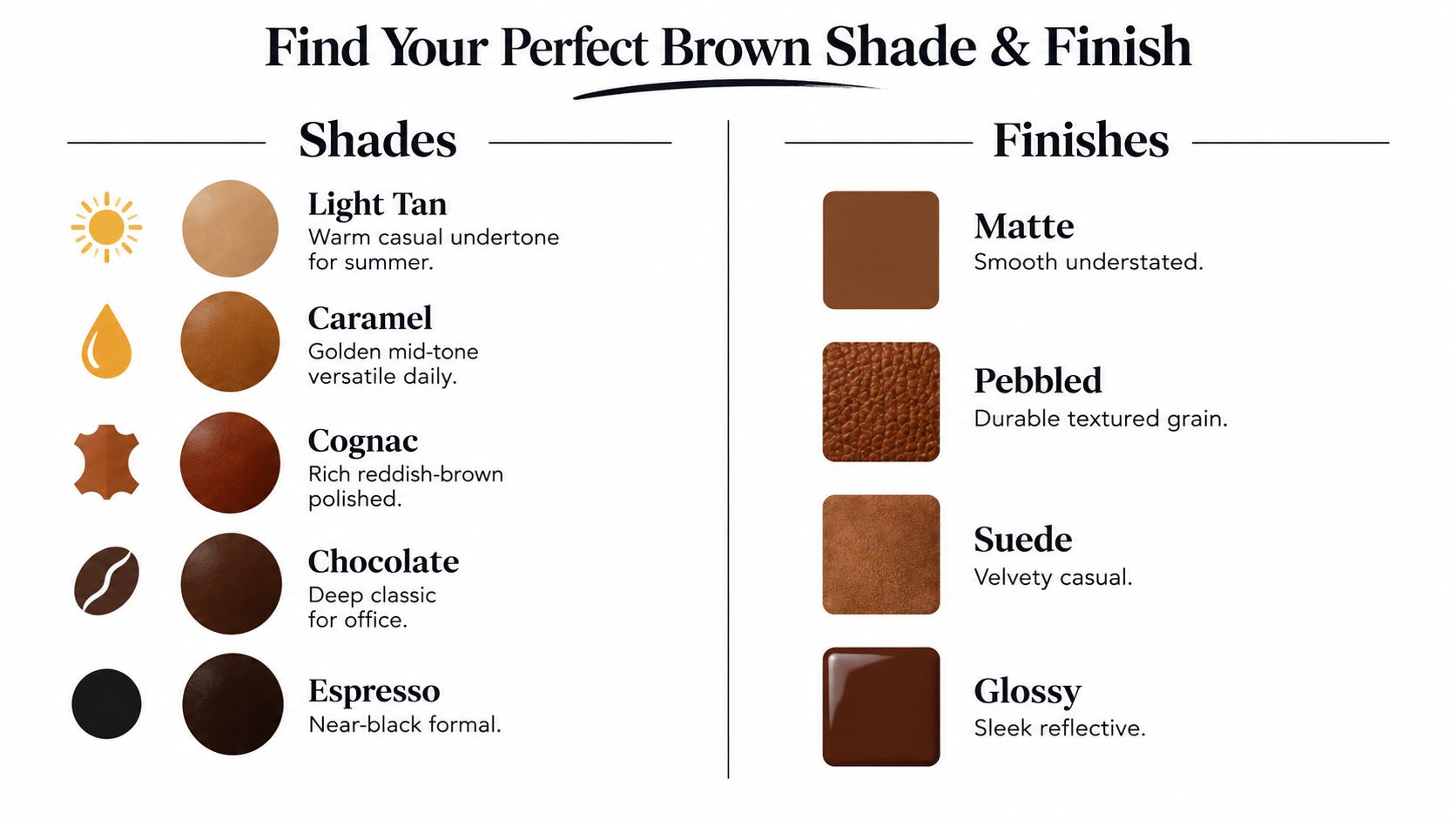 A guide showing five leather brown shades and four different textures for handbags and accessories.