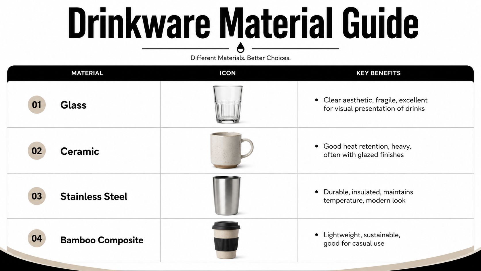 A chart titled Drinkware Material Guide comparing glass, ceramic, stainless steel, and bamboo composite materials.