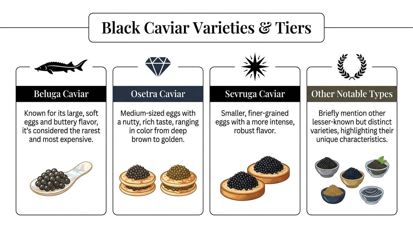 An infographic detailing various types of black caviar including Beluga, Osetra, Sevruga, and other notable varieties.