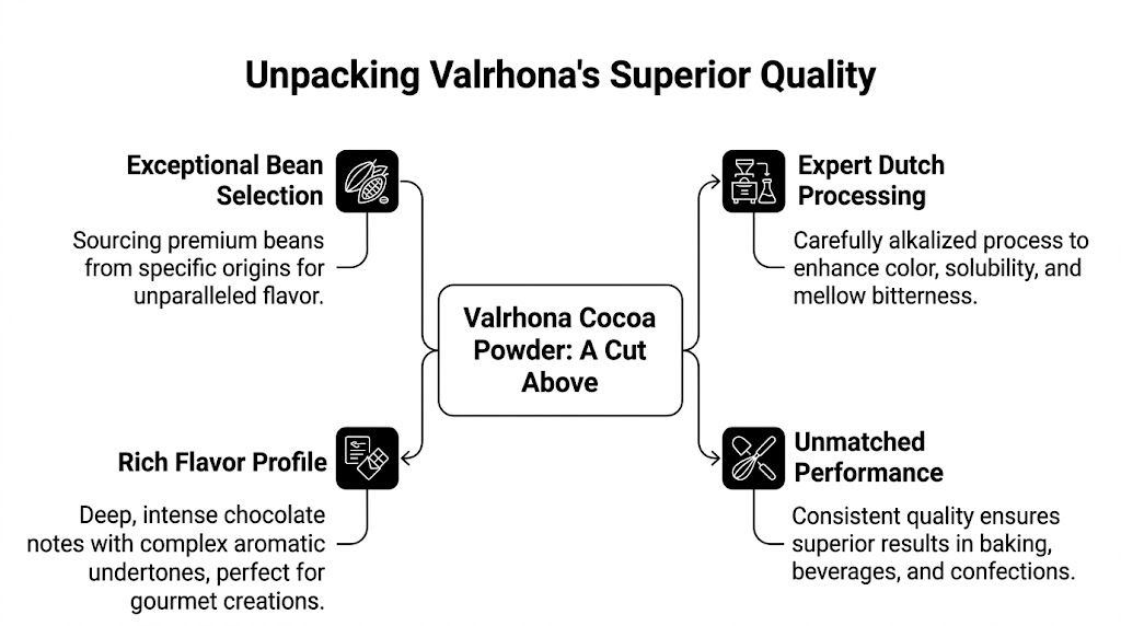 A diagram illustrating the four key quality aspects of Valrhona cocoa powder: selection, processing, flavor, and performance.