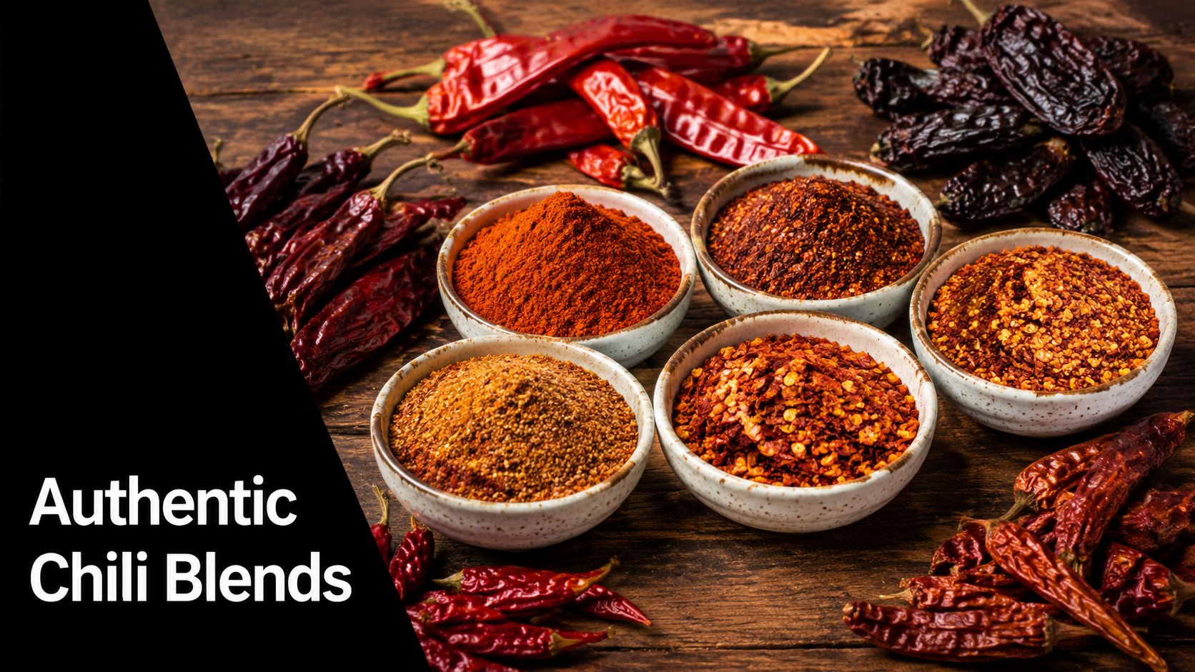 Several ceramic bowls filled with different varieties of crushed chili pepper and ground chili powder spices.