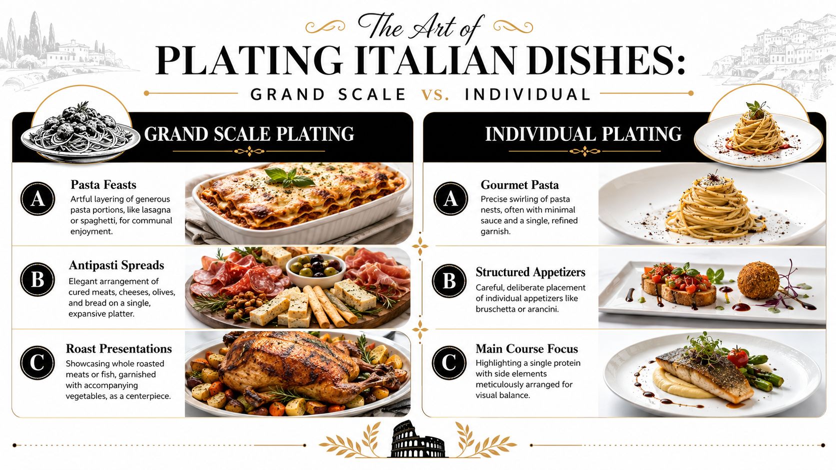 An infographic comparing grand scale communal Italian dining and refined individual Italian dish plating techniques.