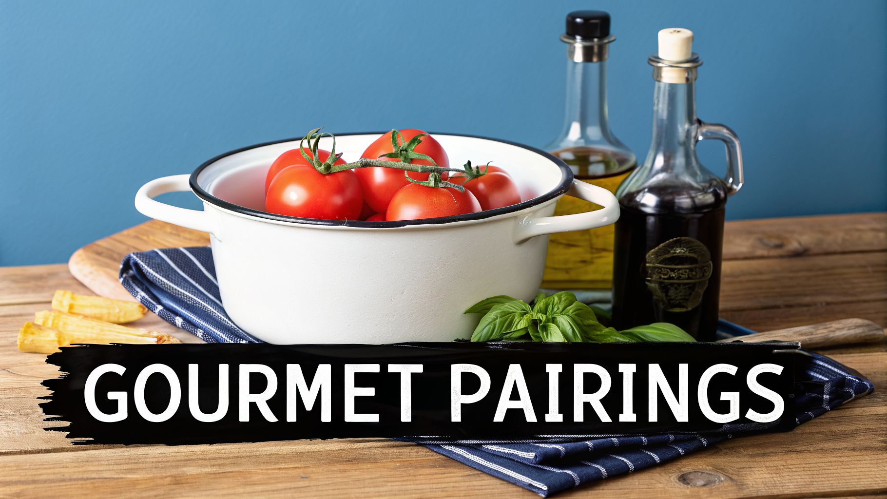 Fresh red tomatoes on the vine in a white pot, with basil, olive oil, and balsamic vinegar.