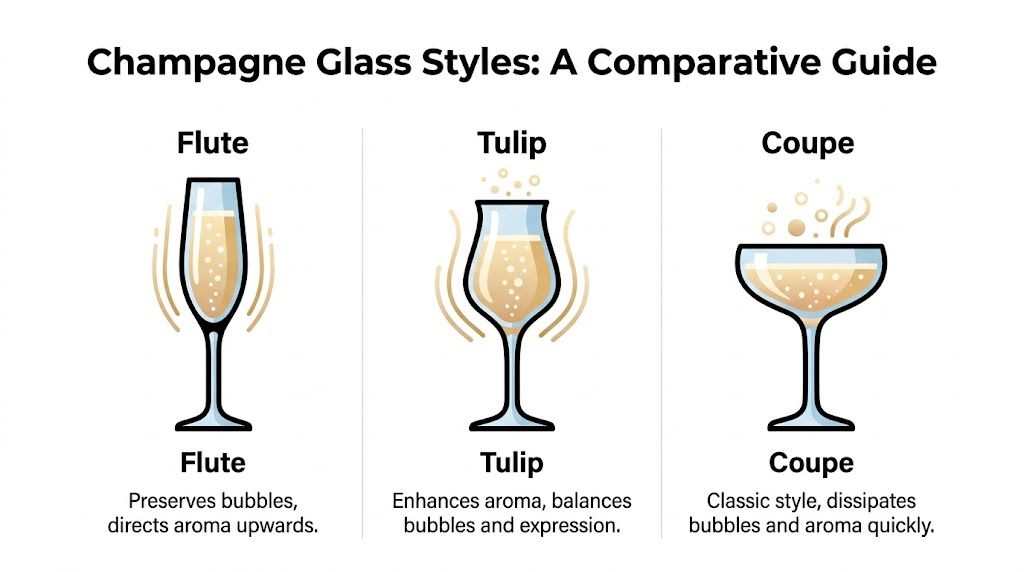 A comparison guide showing illustrations of champagne flute, tulip, and coupe glasses with descriptions of their features.