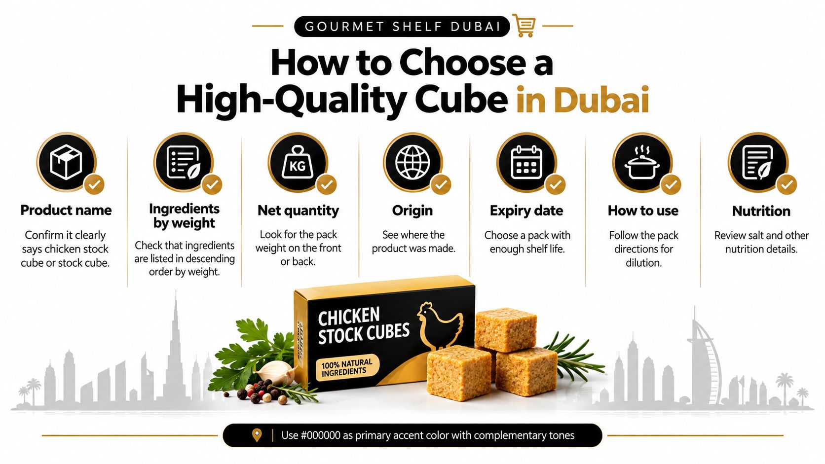 An infographic titled How to Choose a High-Quality Cube in Dubai featuring seven tips for buying chicken stock.