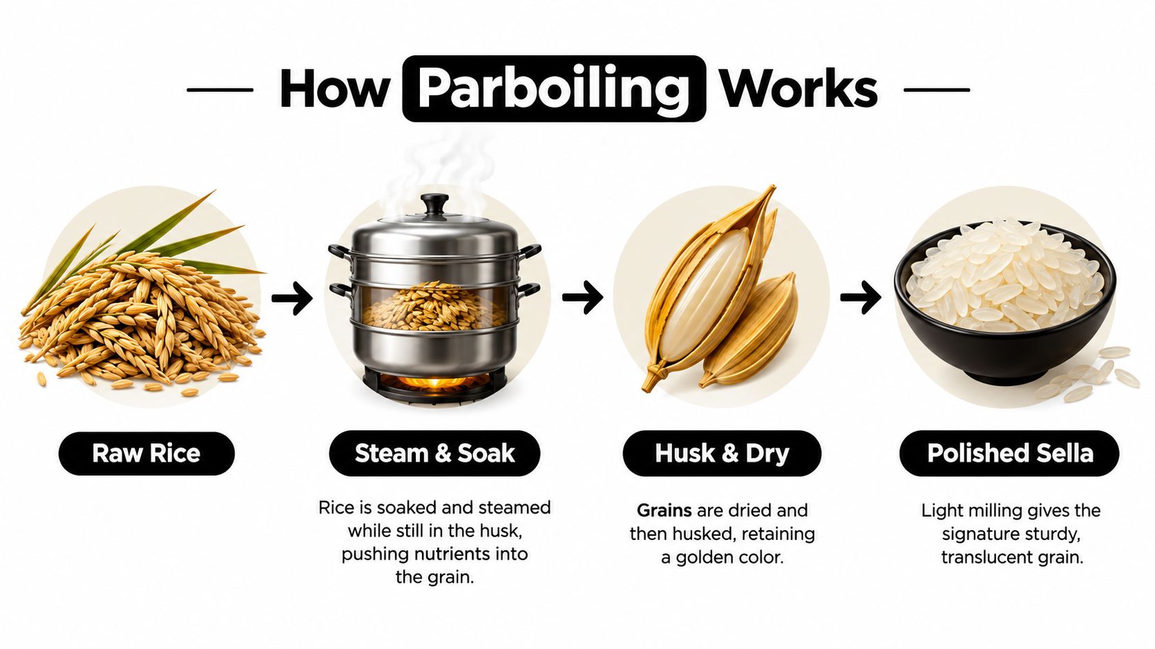 An infographic showing the four-step process of parboiling rice from raw grain to polished sella basmati rice.