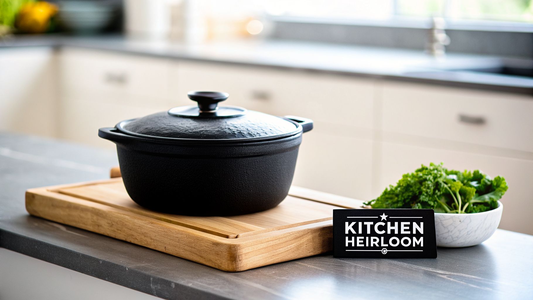 A black cast iron pot on a wooden cutting board in a modern kitchen, alongside fresh greens and a "Kitchen Heirloom" sign.