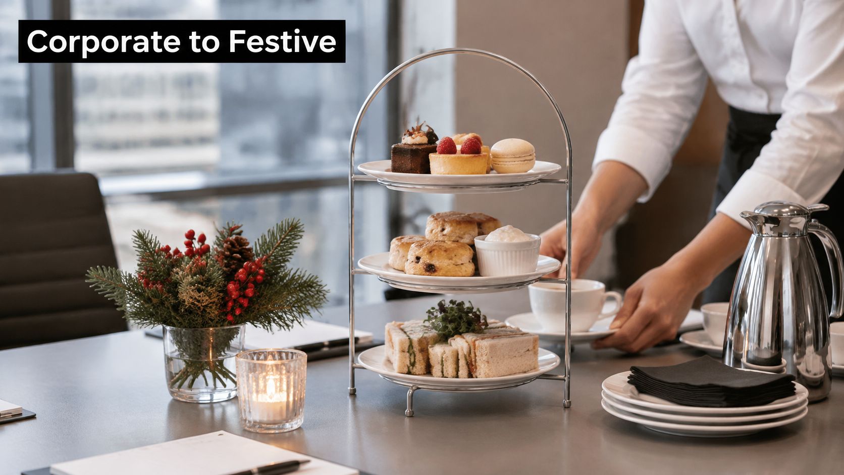 A server placing a cup of tea on a table with a tiered stand of refreshments.
