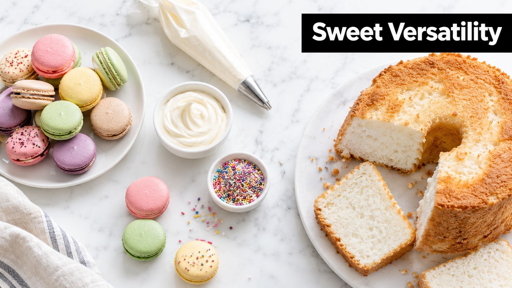 A selection of colorful macarons, a slice of angel food cake, frosting, and sprinkles on a table.