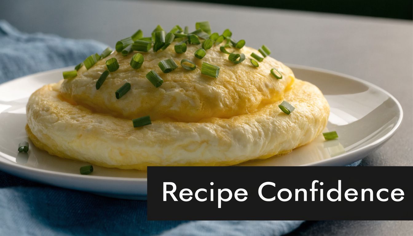 A light and fluffy souffle omelet topped with fresh green chives served on a white plate.