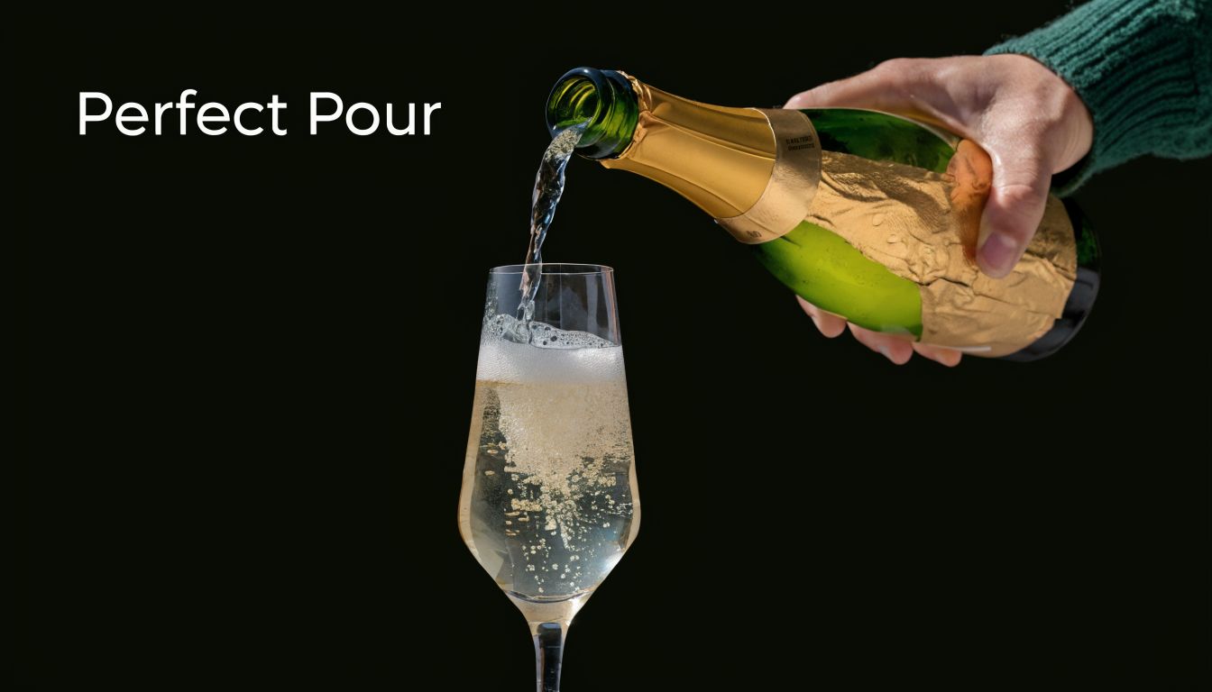 A hand pouring sparkling champagne from a green bottle into a glass against a dark background.