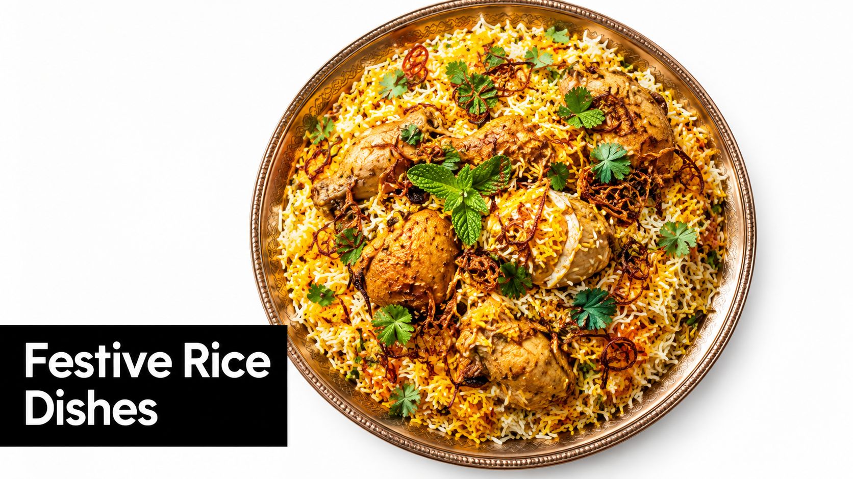 A large round platter filled with aromatic chicken biryani garnished with fresh mint leaves and fried onions.