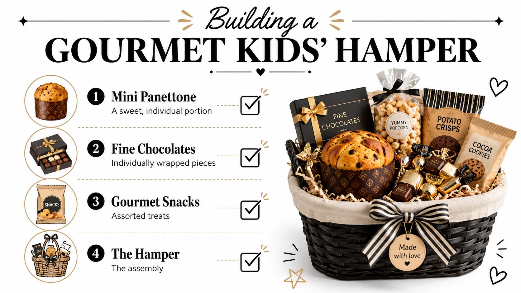 A gourmet kids' gift hamper containing panettone, fine chocolates, popcorn, potato crisps, and cocoa cookies in a basket.