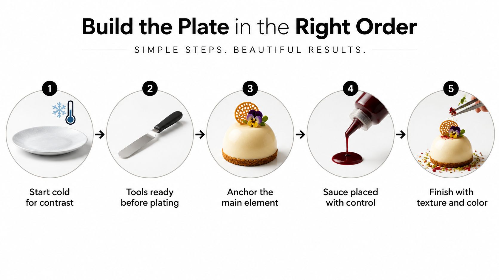 An infographic showing a five-step guide for professional dessert plating using simple steps for beautiful results.