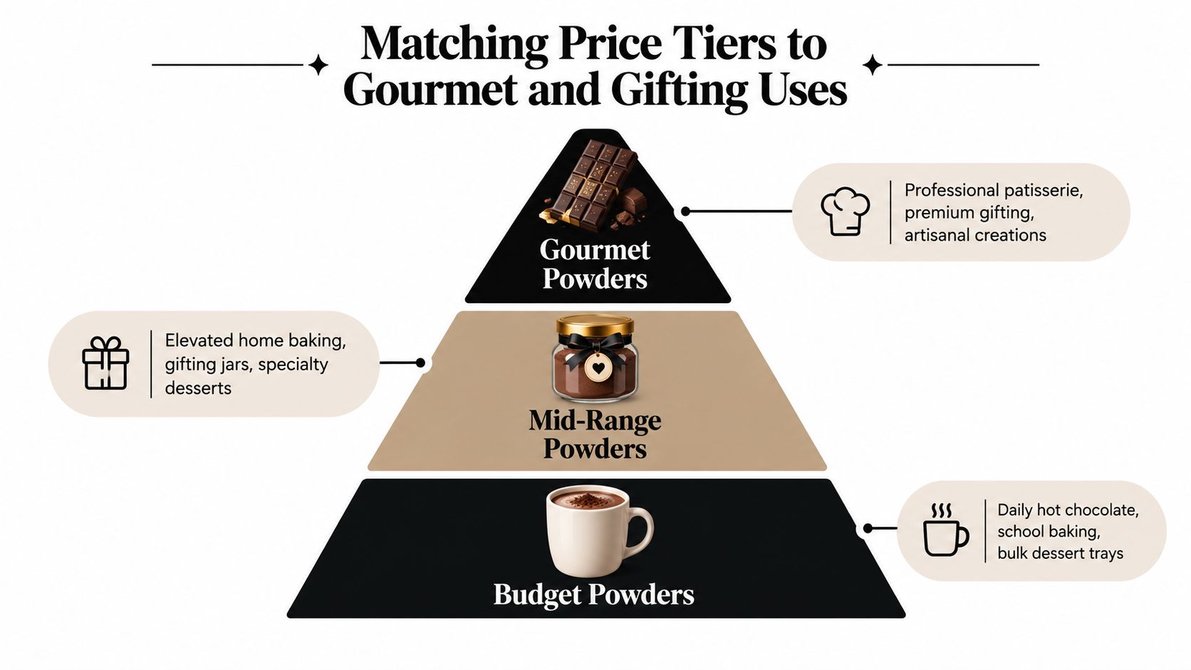 A pyramid chart categorizing chocolate powders by price tiers including gourmet, mid-range, and budget applications.