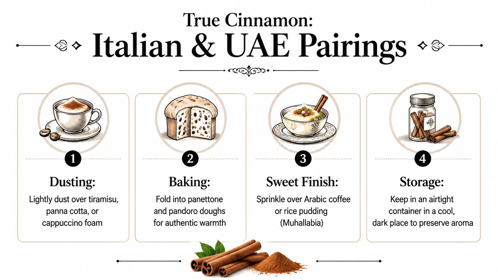 An infographic illustrating four culinary uses for true cinnamon including dusting, baking, sweet finish, and storage tips.