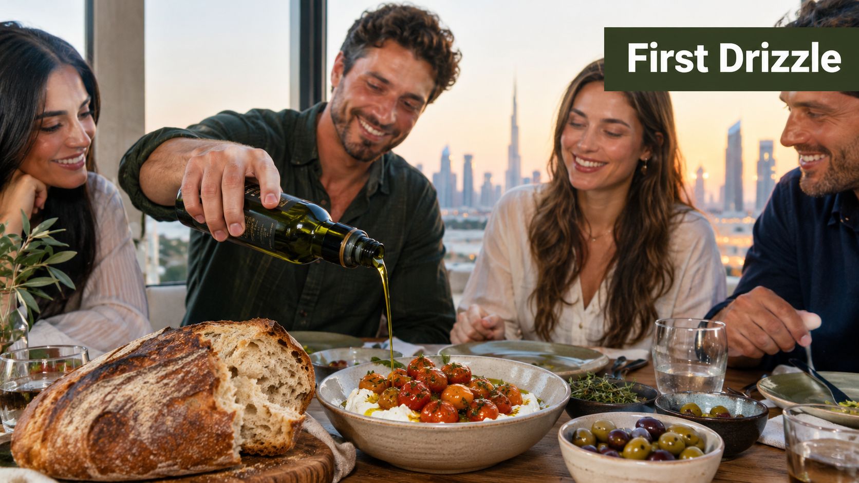 A group of friends sharing a meal with olive oil being drizzled over roasted tomatoes in Dubai.