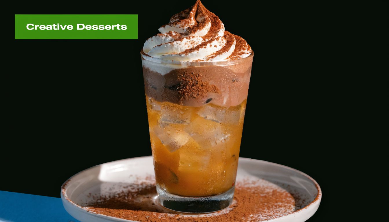 A tall glass of iced coffee topped with chocolate cream and cocoa powder on a plate.