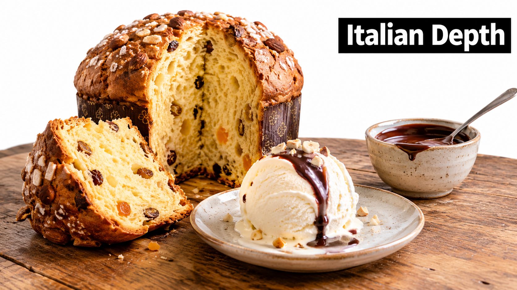 A delicious Italian panettone cake served alongside a scoop of vanilla ice cream with chocolate sauce.