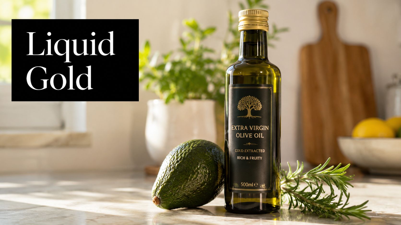 A glass bottle of extra virgin olive oil next to an avocado and a sprig of rosemary.