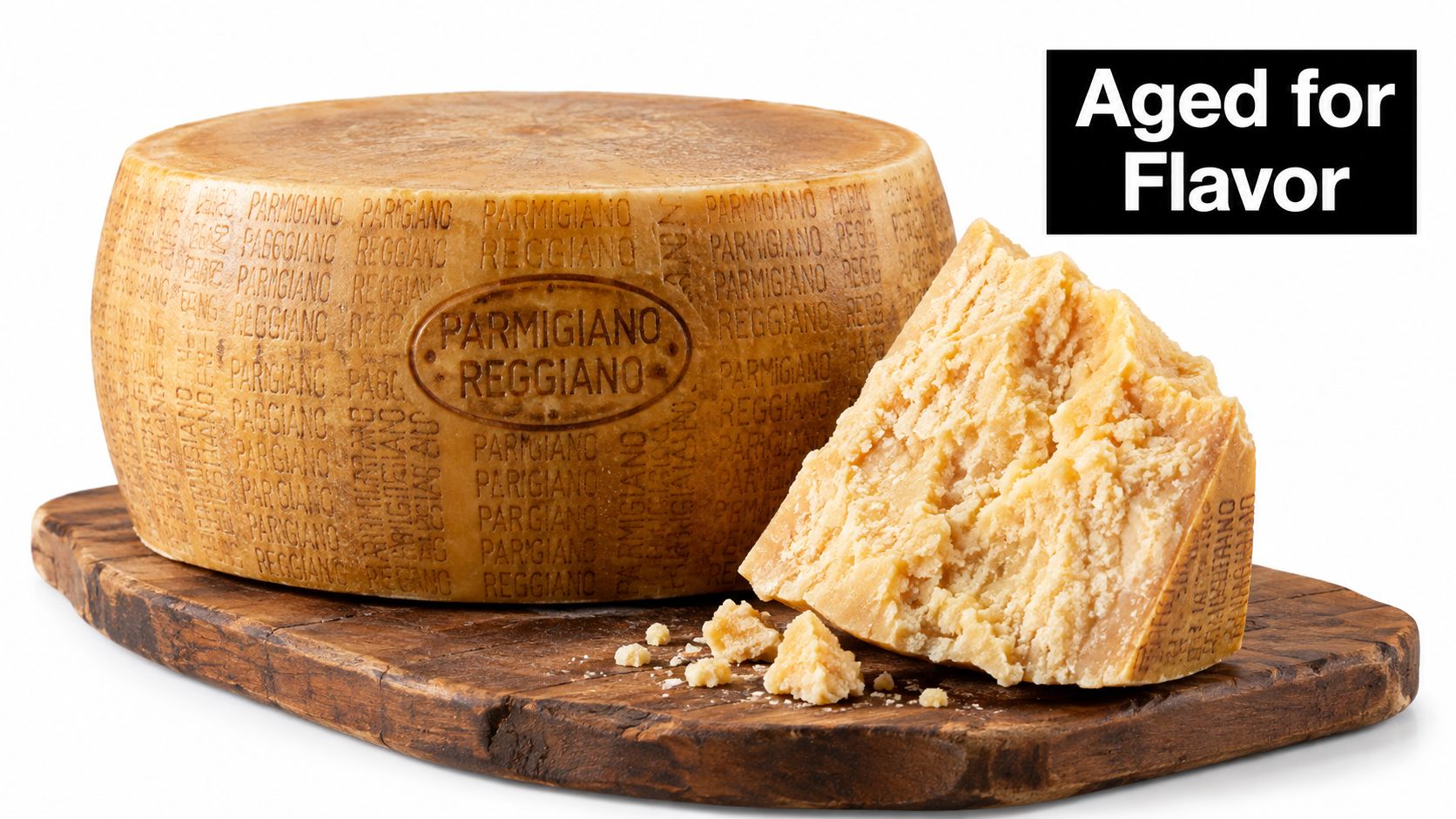 A large wheel of Parmigiano Reggiano cheese with a wedge cut out on a wooden board.