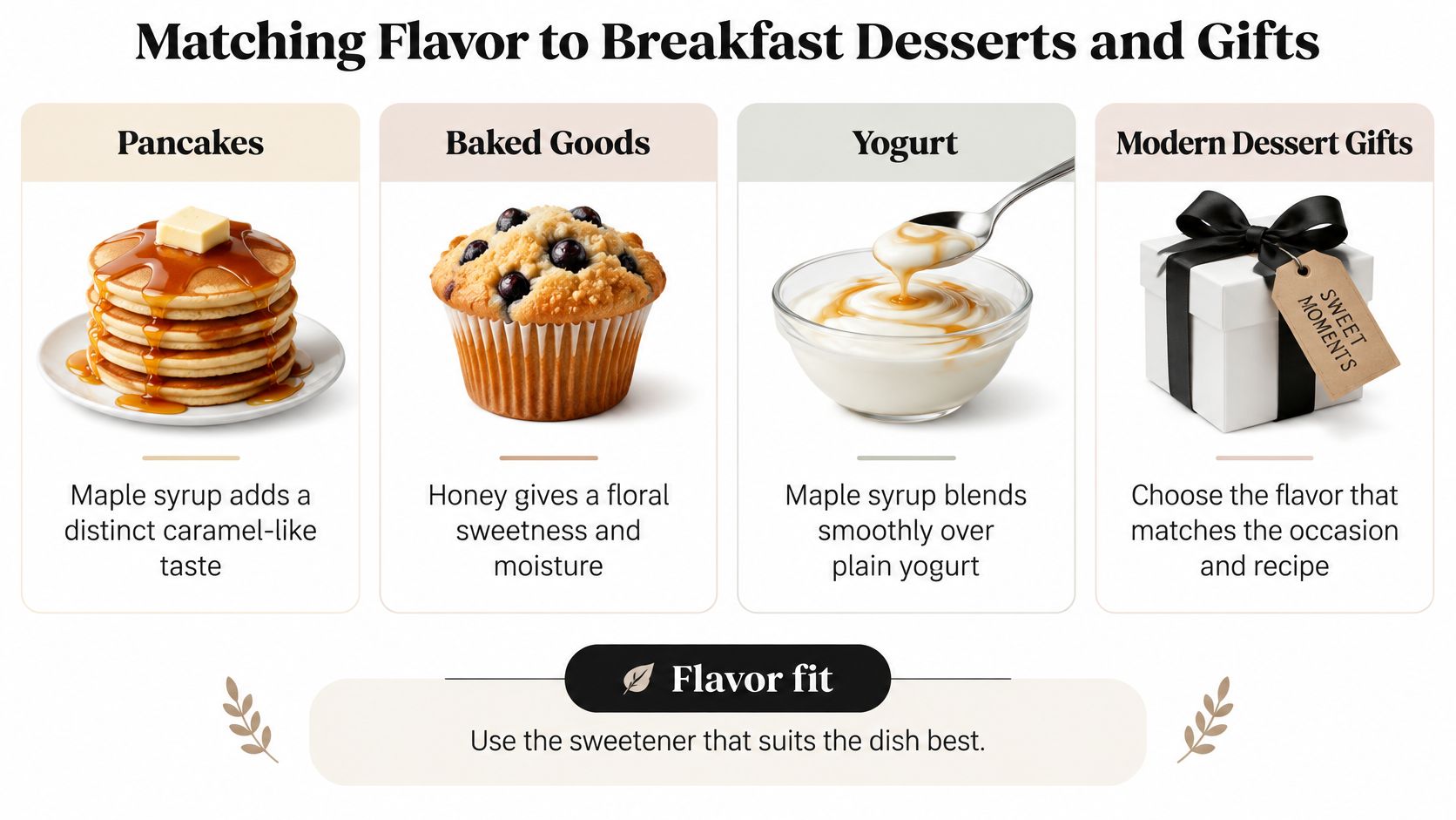 A chart comparing how maple syrup and honey pair with breakfast foods, yogurt, and dessert gifts.