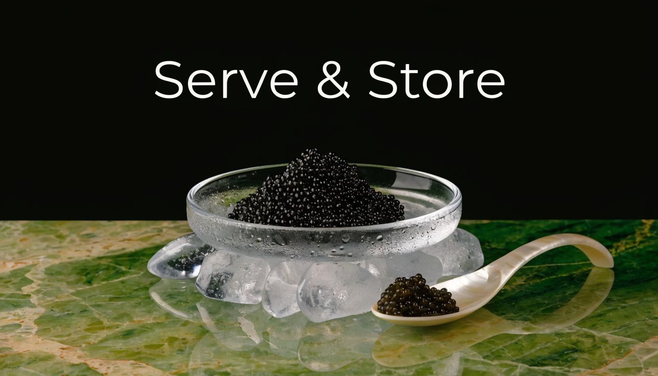 A glass bowl filled with black caviar resting on ice cubes next to a mother-of-pearl spoon.