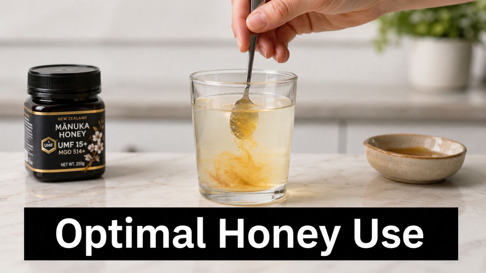 A hand stirring a spoonful of premium Manuka honey into a glass of warm water on a counter.
