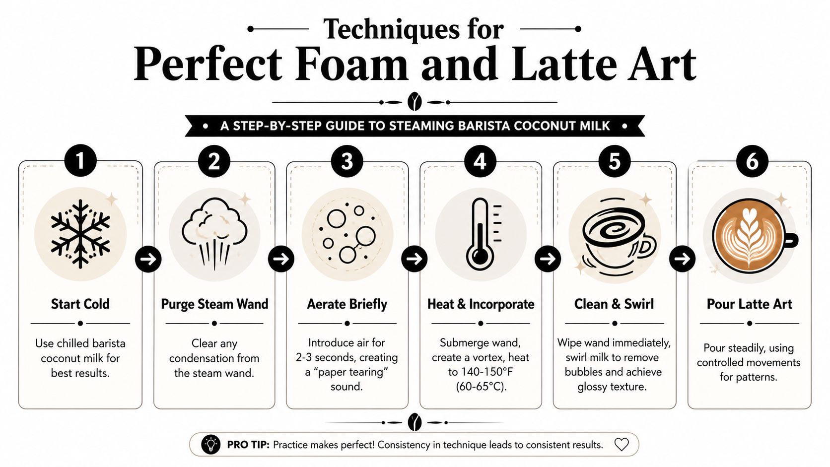 A six-step infographic guide on how to properly steam barista coconut milk for perfect latte art.