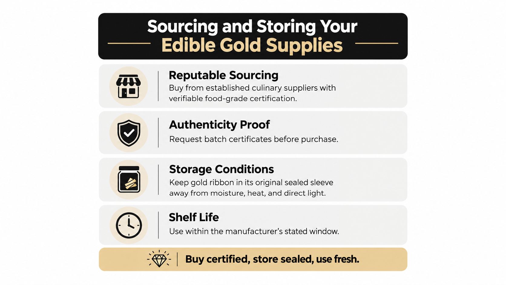 A professional infographic outlining essential tips for sourcing, storing, and maintaining the quality of edible gold supplies.