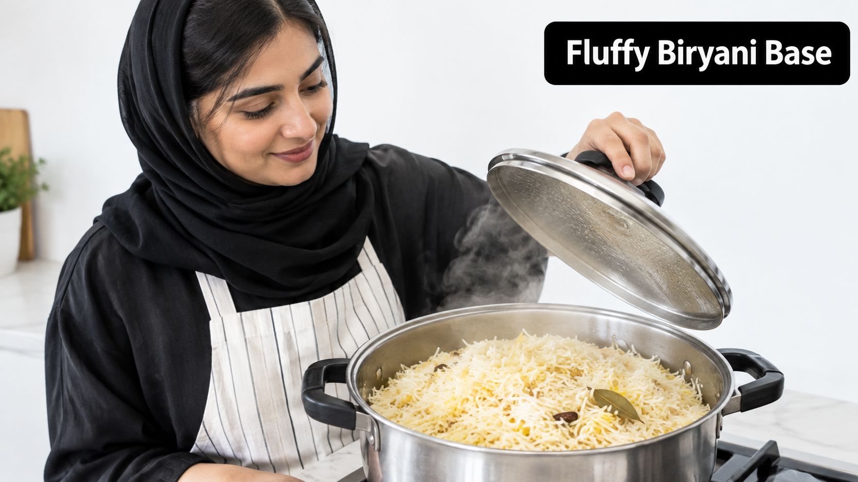 A woman wearing a hijab smiling while lifting the lid off a pot of steaming basmati rice.