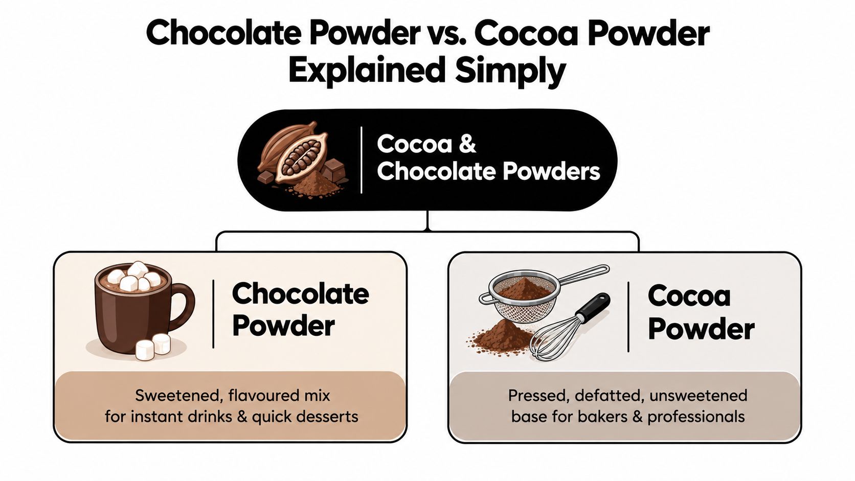 A simple infographic explaining the key differences between chocolate powder and cocoa powder for baking purposes.