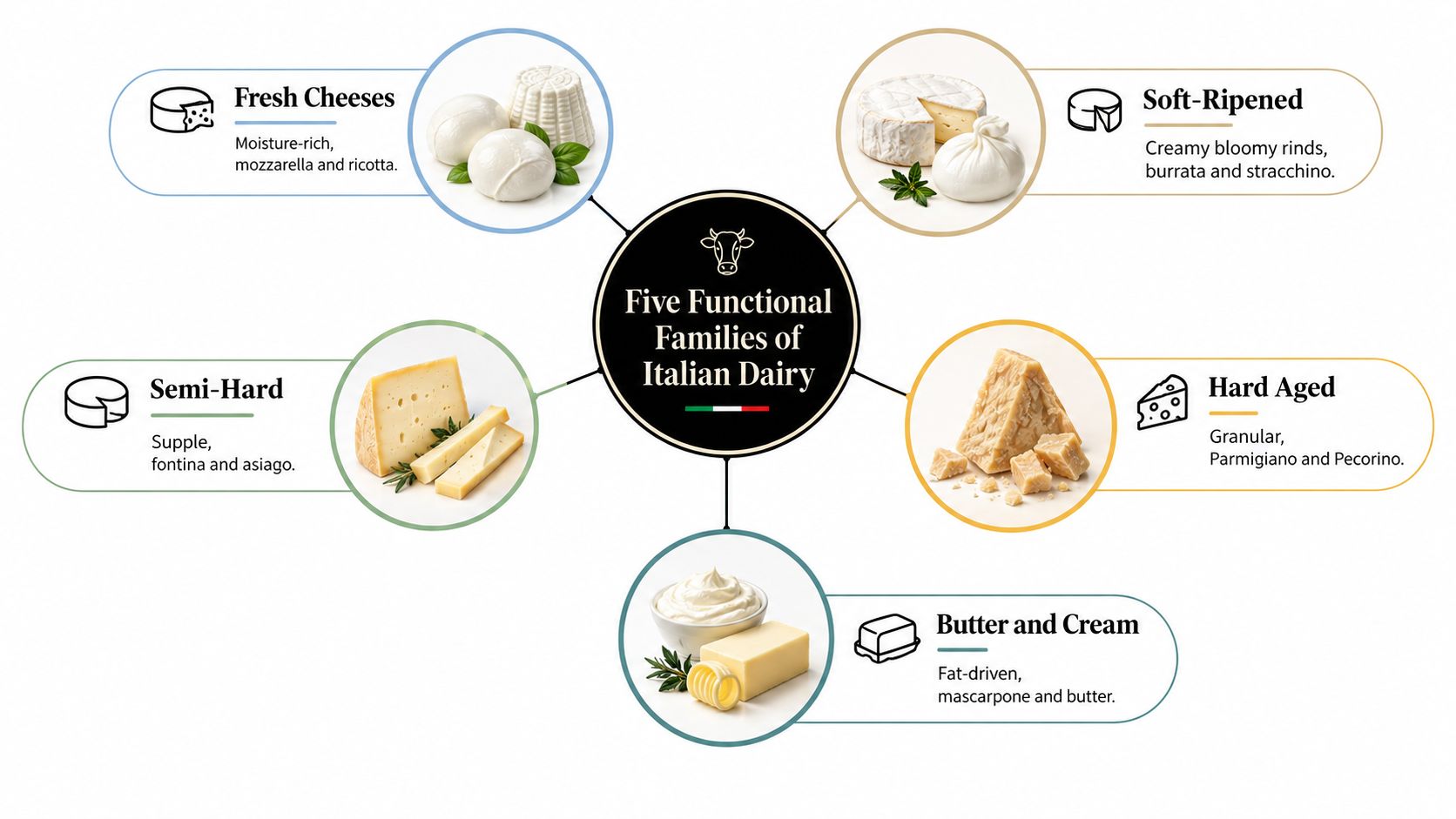 An educational infographic displaying the five functional families of Italian dairy including cheese, butter, and cream varieties.