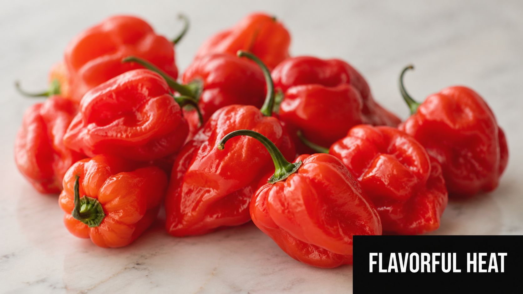 A close-up view of a vibrant pile of fresh, glossy red habanero peppers on a marble surface.