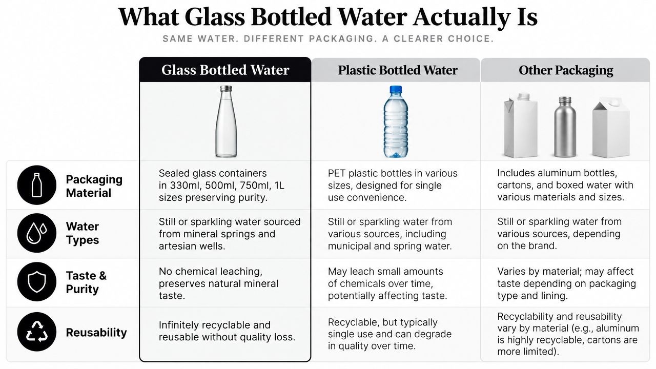 A comparison chart outlining the benefits and features of glass bottled water versus plastic and other containers.