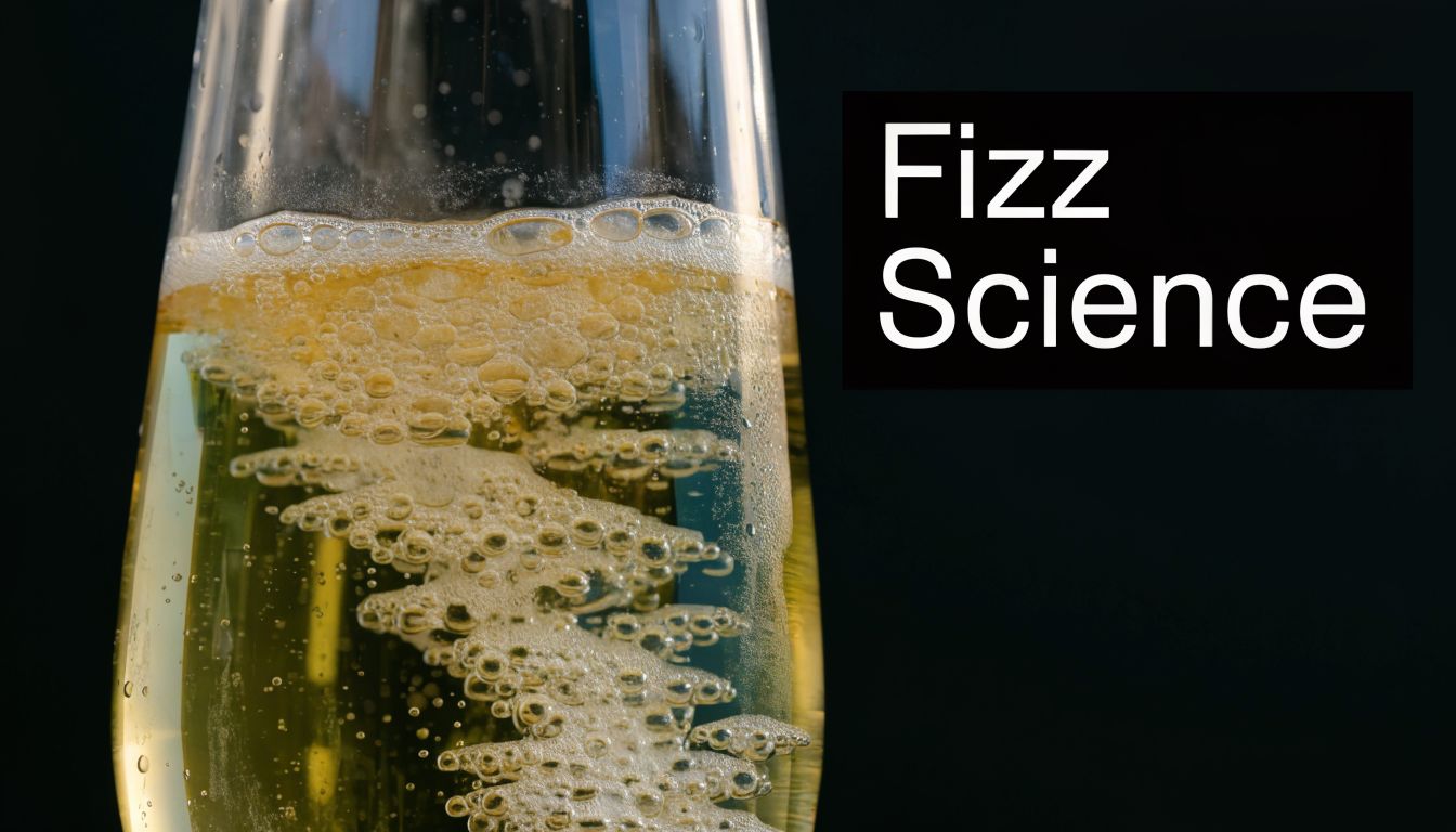 A close-up view of effervescent champagne bubbles rising inside a tall, elegant crystal flute glass.