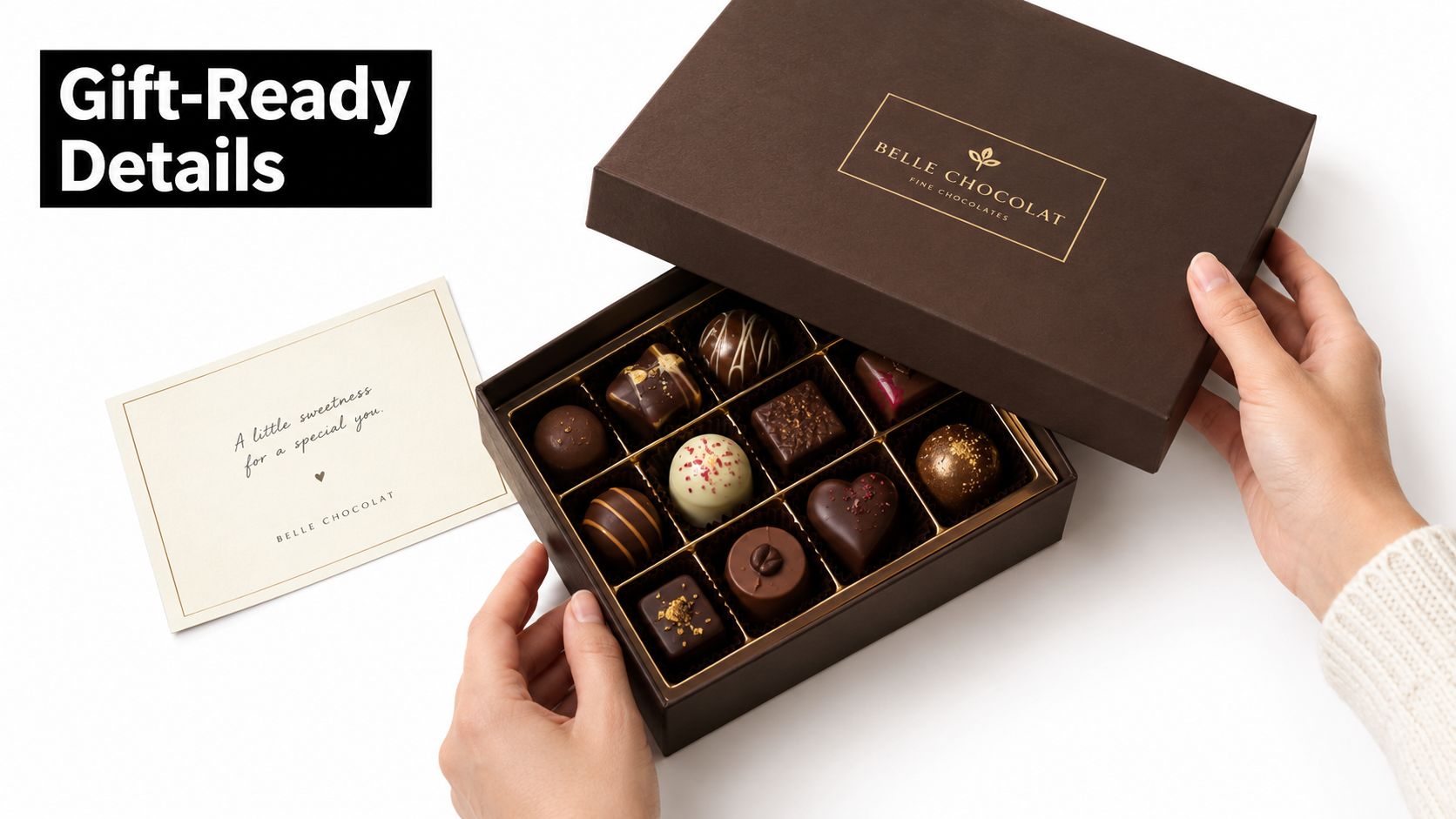 A person holding a luxury box of assorted gourmet chocolates with a handwritten gift card nearby.
