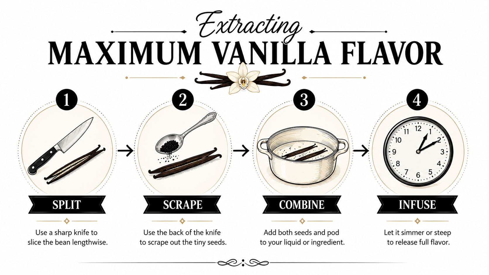 A four-step infographic illustrating how to prepare a vanilla bean by splitting, scraping, combining, and infusing.