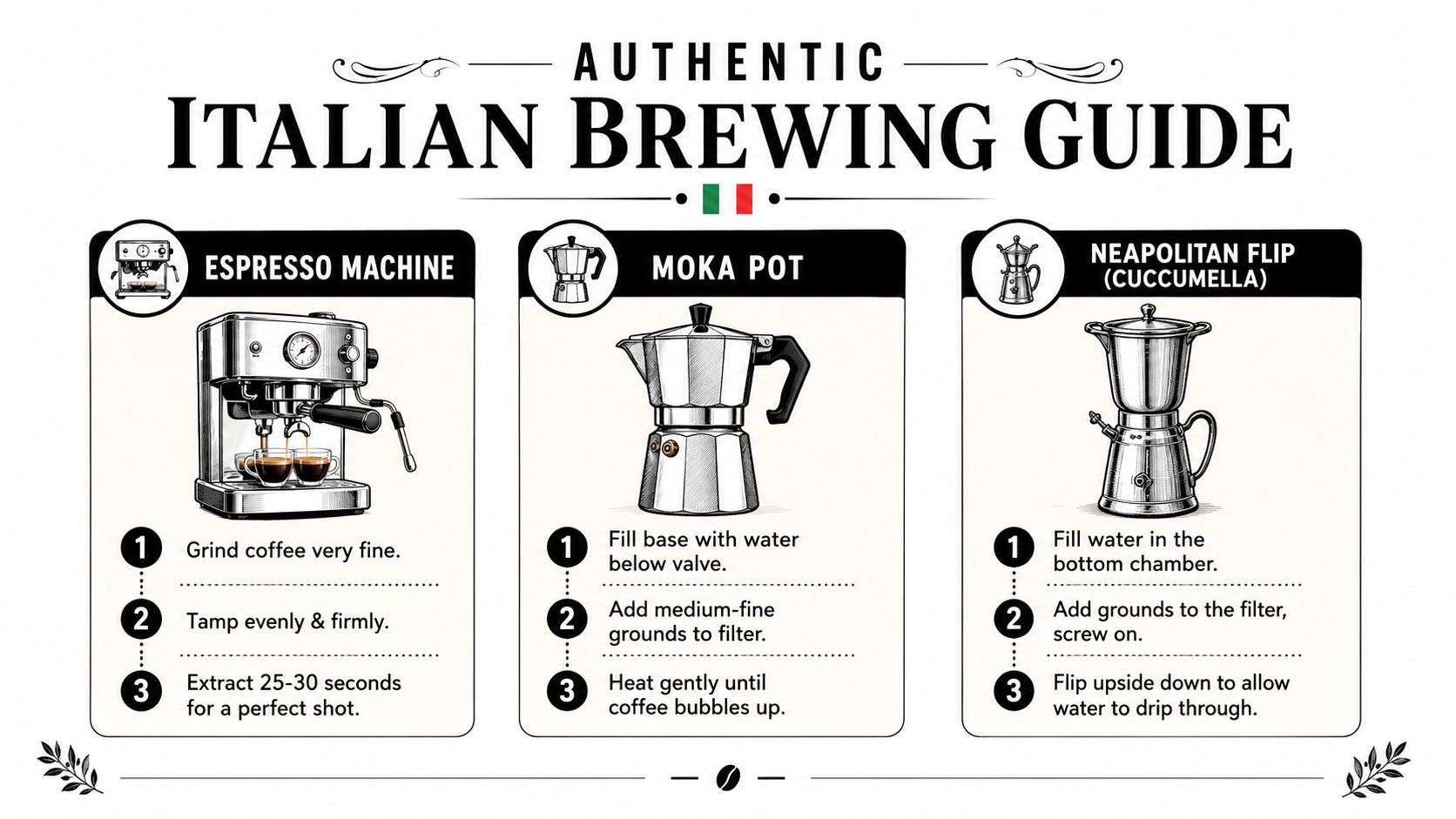 An infographic illustrating three authentic Italian coffee brewing methods: Espresso Machine, Moka Pot, and Neapolitan Flip.
